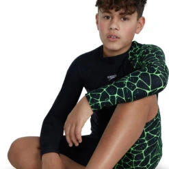 Speedo - Boys Long Sleeve Printed Rash Top - Black/Green -Swimming Clothing speedo boys long sleeve printed rash top black green 6